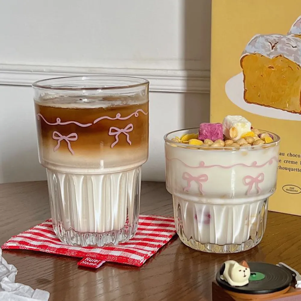 【渥思】韓系蝴蝶結玻璃杯-380ml(咖啡杯.茶杯.水杯.牛奶杯.早餐杯)