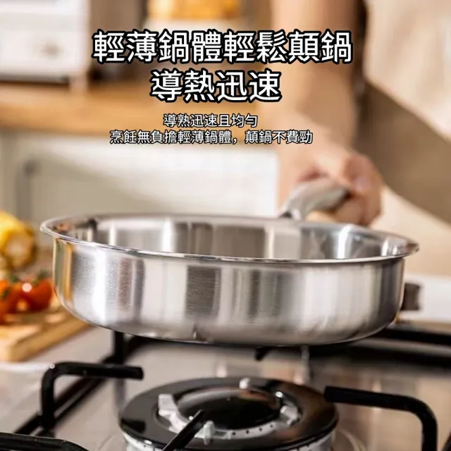 【HUIJIAYIGOU 惠家易購】304不鏽鋼平底鍋 無塗層炒菜鍋 加厚五層鋼煎鍋 26cm炒鍋 無鉚釘不沾鍋 帶蓋款