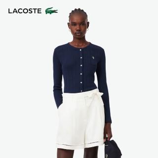 【LACOSTE】女裝-優雅修身圓領針織長袖開襟衫(海軍藍)