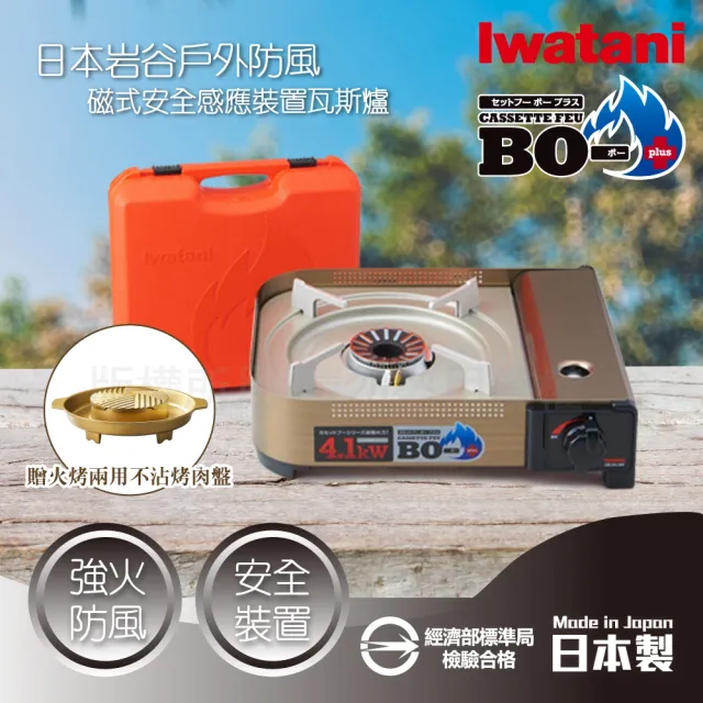 【Iwatani 岩谷】BOⅢ強火_日本FFD防風磁式瓦斯爐-4.1kW-附收納殼+金豪華滿滿不沾燒烤盤(CB-AH-41N)