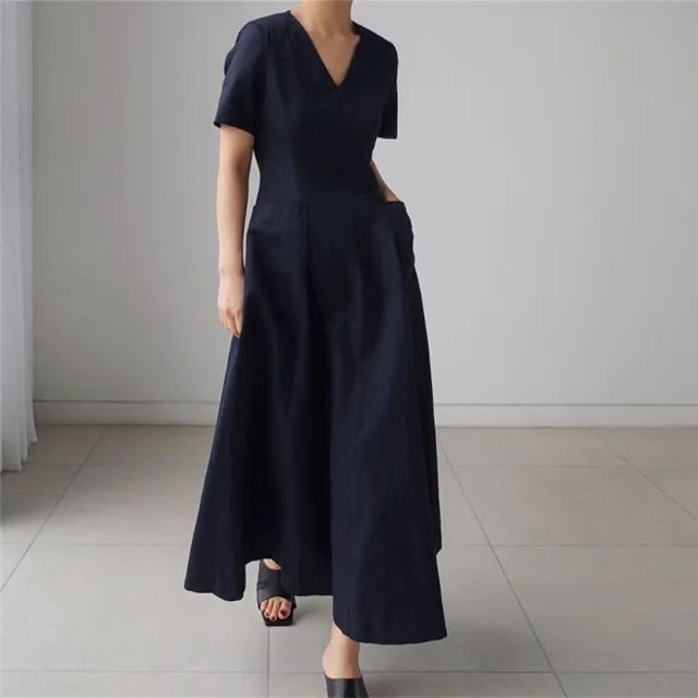 【巴黎精品】極速出貨 洋裝短袖連身裙亞麻棉麻大尺碼女裝(V領簡約長版純色女裙子2色a1au13)