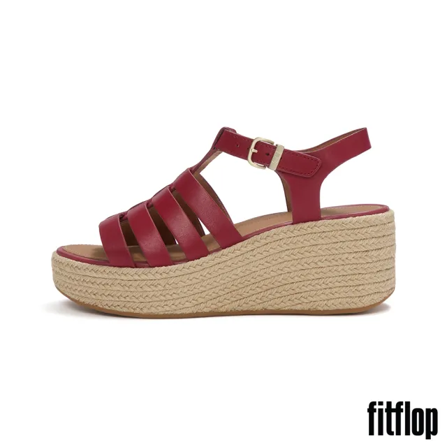 【FitFlop】PLATFFORMS 草編皮革漁夫楔形涼鞋-女(焦紅莓色)