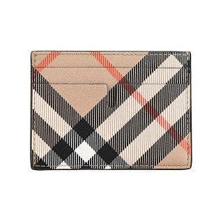 【BURBERRY 巴寶莉】BURBERRY 內印字LOGO格紋塗層帆布4卡卡夾(米沙棕x內裡棕綠)