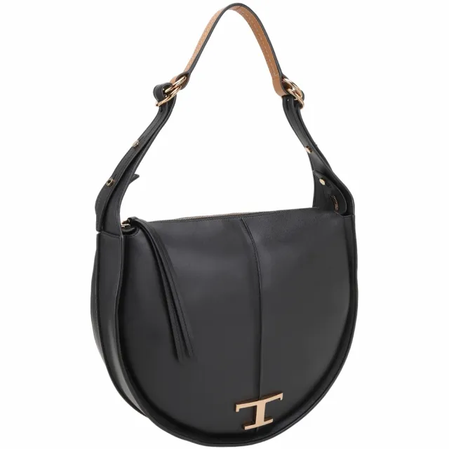 【TOD’S】TODS Timeless 大款 T字撞色小牛皮肩背半月包-黑色(義大利手工皮革)