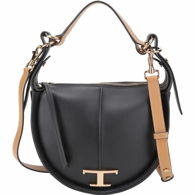 【TOD’S】TODS Timeless 小型 T字撞色小牛皮附背帶肩背半月包-黑色(義大利手工皮革)