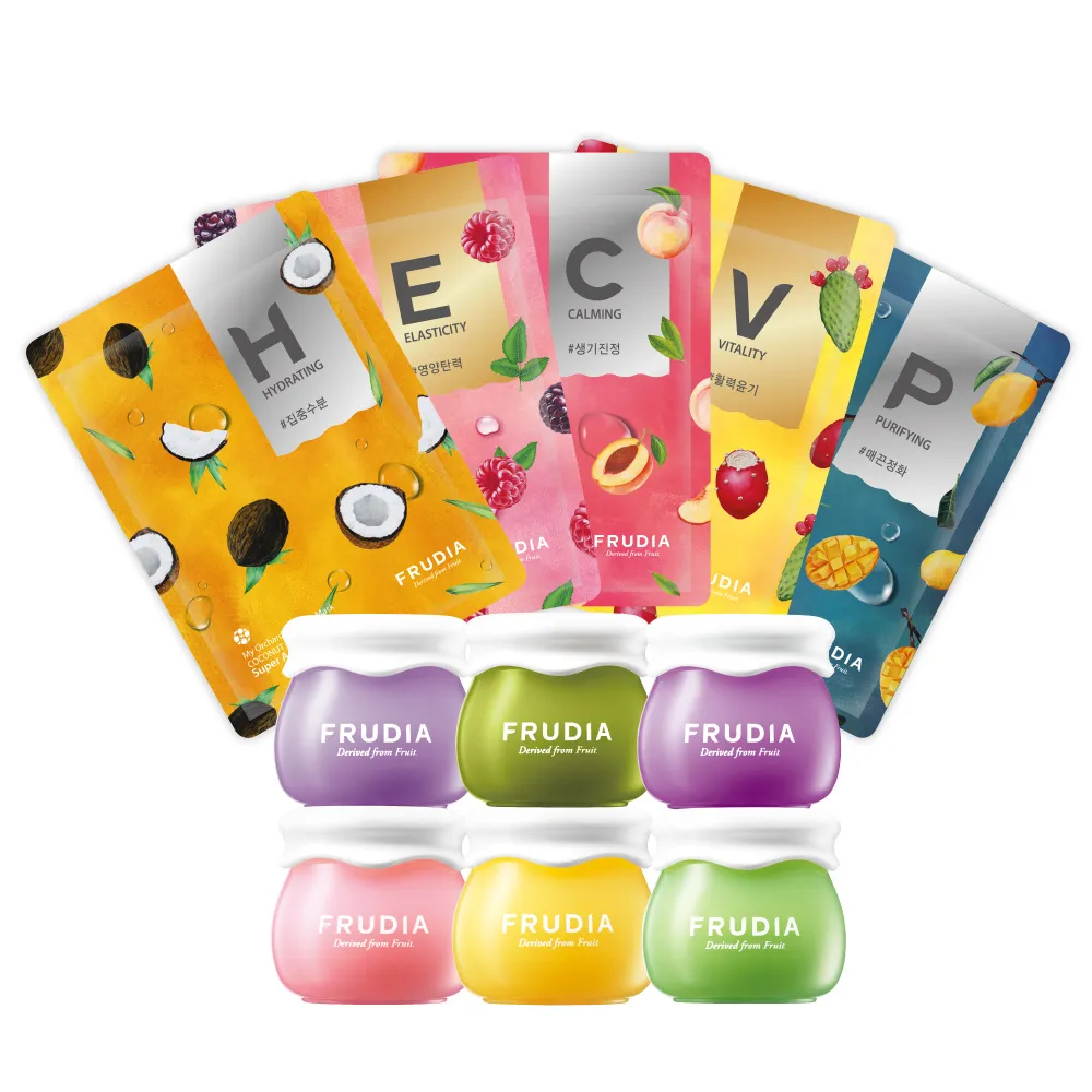 【FRUDIA】鮮榨果汁肌 機能保濕面膜20mlx5入包套組+保養面霜10g隨機(1組完整體鮮果保濕面膜)