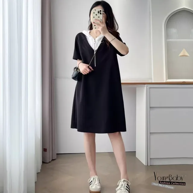 【YOUNGBABY】氣質蕾絲連帽拉鍊拼接撞色洋裝 中大尺碼女裝