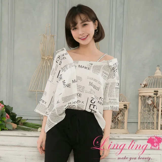 【lingling】字母印花斜肩五分袖上衣 女裝女上衣(PA4118-字母印花)
