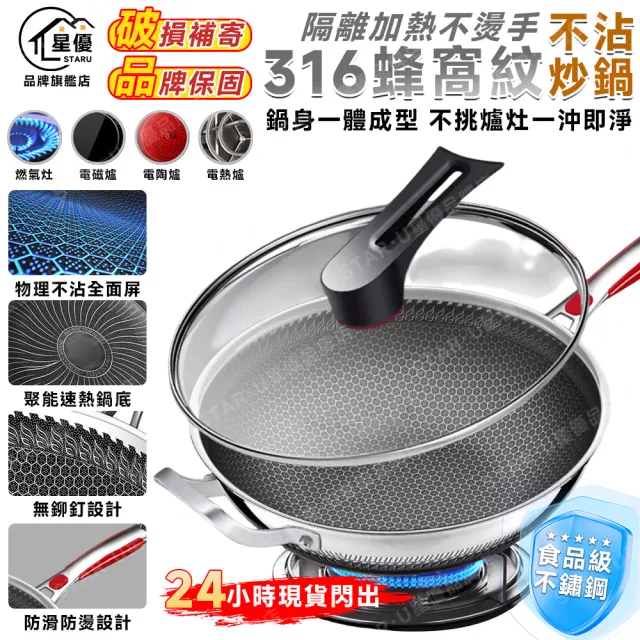常隆 316不鏽鋼蜂窩紋炒鍋 34cm炒鍋+蓋子 雙面蜂巢設計高效聚能 耐刮/耐熱 送鍋鏟（不沾鍋 炒鍋）