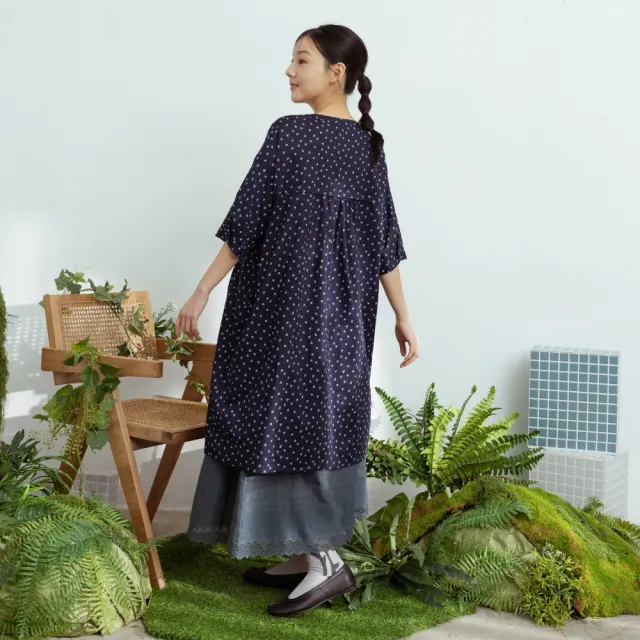 【MOSS CLUB】日本布印花開襟小V領短袖洋裝 藍 黑 黃