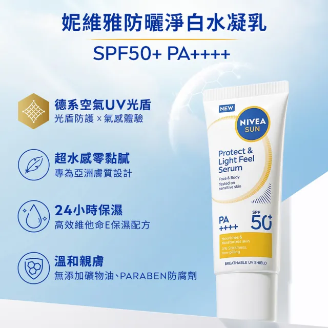 【NIVEA 妮維雅】防曬淨白水凝乳 SPF50+ 90ML(德國妮維雅/防曬乳)