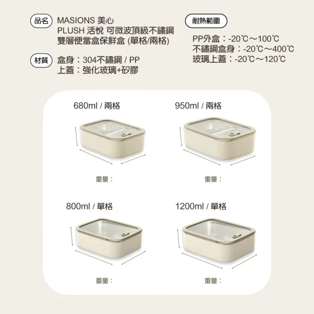 【MASIONS 美心】PLUSH 活悅 可微波頂級不鏽鋼雙層便當盒保鮮盒(1200ml單格/950ml兩格)