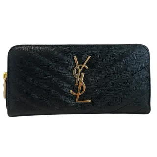 【YSL】荔枝牛皮金釦拉鍊長夾 黑色