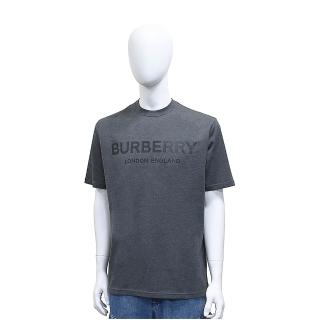 【BURBERRY 巴寶莉】BURBERRY經典燙印黑字LOGO純棉質圓領短袖T恤(男款/深灰)