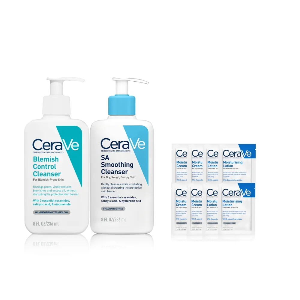 【CeraVe適樂膚】煥膚抗痘清潔組★淨膚白泥抗粉痘潔面露 236ml+水楊酸煥膚淨嫩潔膚露 236ml