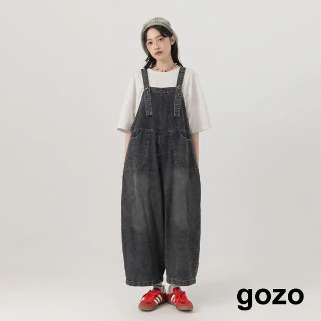 【gozo】MOMO獨家款★個性水洗鬆弛感吊帶褲(深灰/藍色)