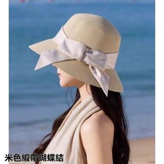 【HaNA 梨花】加贈袖套 閨蜜都問哪裡買 後格紋蝴蝶結草帽 大帽簷防曬遮臉 可折疊塞包包