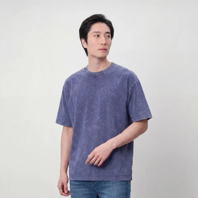 【GIORDANO 佐丹奴】男裝重磅平紋石洗雪花復古短袖T恤(63 靛槐藍)