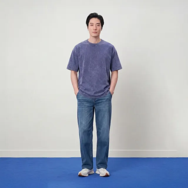 【GIORDANO 佐丹奴】男裝重磅平紋石洗雪花復古短袖T恤(63 靛槐藍)