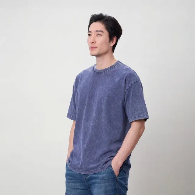 【GIORDANO 佐丹奴】男裝重磅平紋石洗雪花復古短袖T恤(63 靛槐藍)