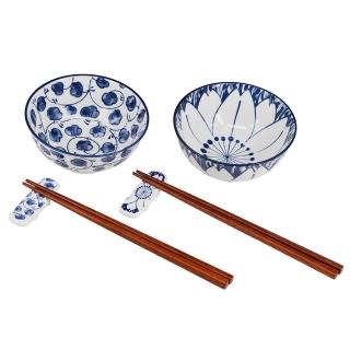 【YU Living 信歐傢居】和風飯碗禮盒組 日系餐具 藍白瓷