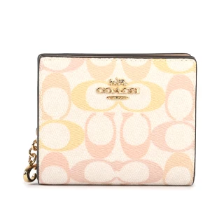 【COACH】C吊飾 淺粉滿版C LOGO圖案 PVC皮革壓釦小短夾-多彩/白色