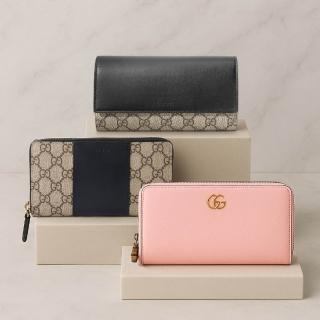 【GUCCI 古馳】經典LOGO壓紋拼接拉鍊掀蓋長夾(多款可選)