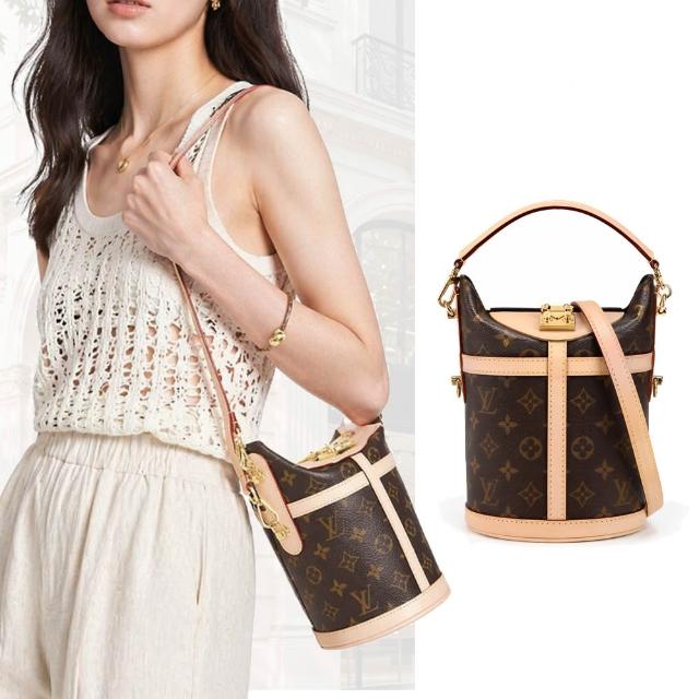 【Louis Vuitton 路易威登】M43587 Duffle 帆布印花S鎖扣牛皮鑲飾手提肩背水桶包(卡其棕)