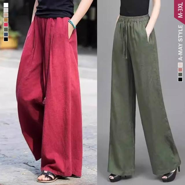 【Amay Style 艾美時尚】春新品 中大尺碼女裝 休閒褲 極簡棉麻感顯瘦休閒長腿寬褲。M-3XL(2款多色.預購)
