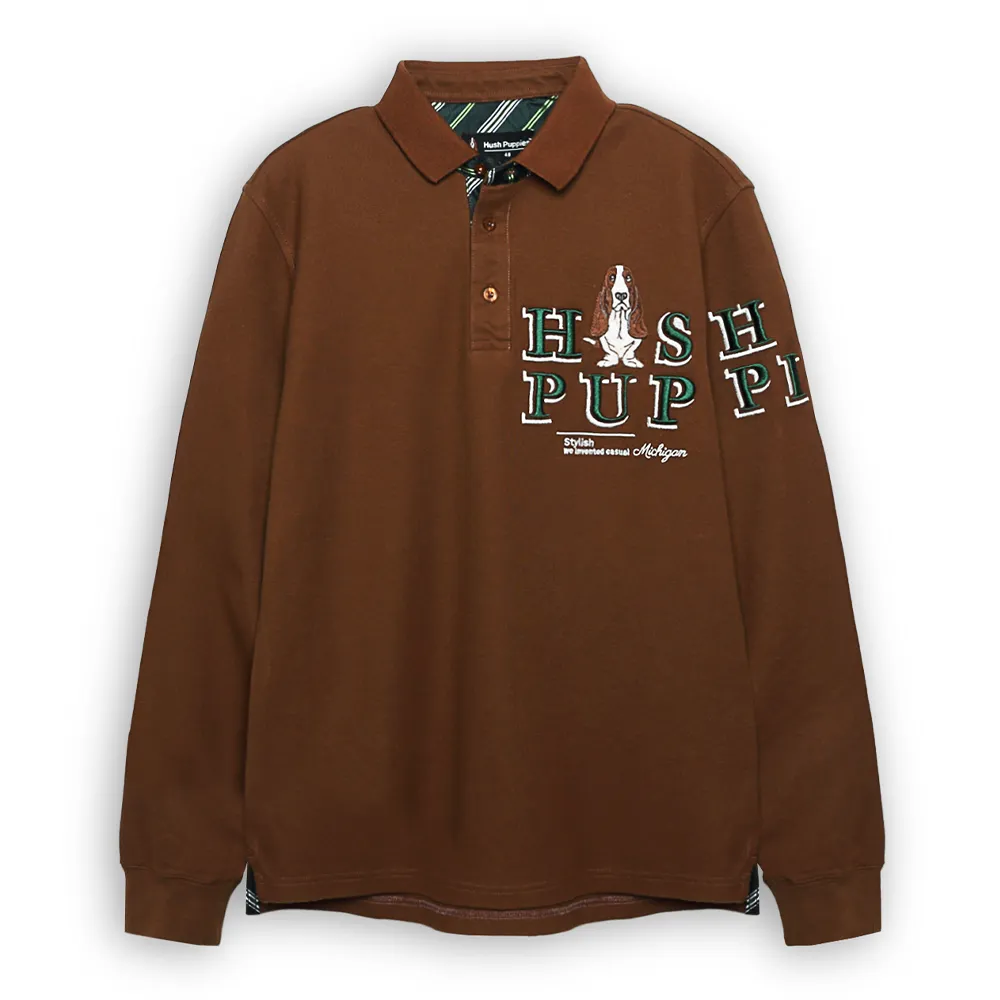 【Hush Puppies】男裝 POLO衫 立體配色品牌英文刺繡狗長袖POLO衫(咖啡 / 54101108)