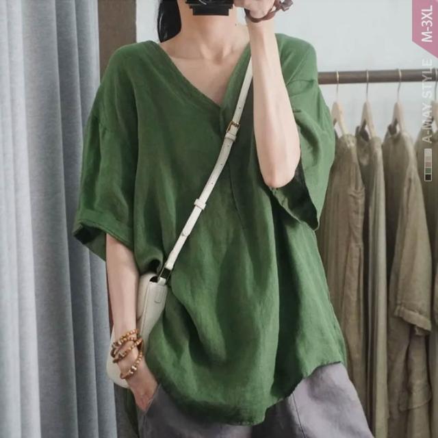 【Amay Style 艾美時尚】春新品 中大尺碼女裝 T恤 慵懶系休閒寬鬆V領五分袖上衣。M-3XL(5色.預購)