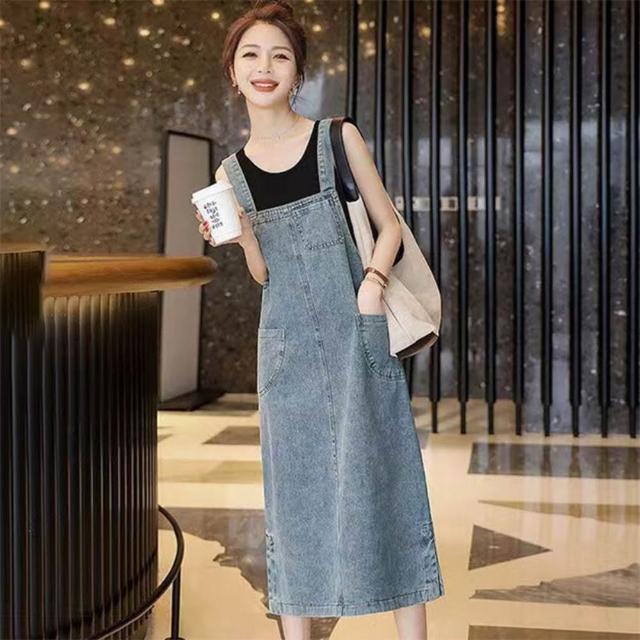 【巴黎精品】現貨限搶 吊帶裙丹寧長裙大碼A字裙中長洋裝休閒女裝(大碼寬鬆學院風牛仔女裙子a1bg46)4.22