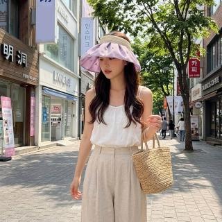 【HaNA 梨花】加贈袖套炎夏防曬TIPS 韓版小蝴蝶結網紗空頂遮陽帽 大帽簷防曬貝殼帽