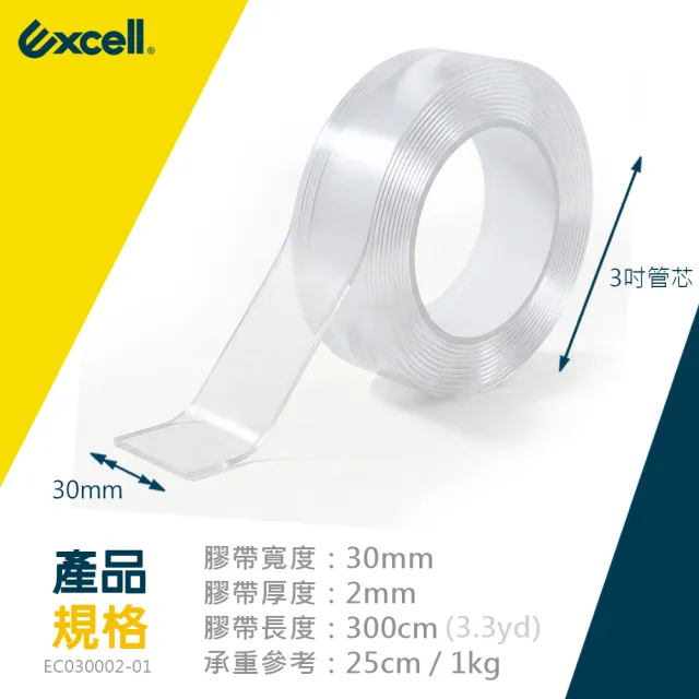 【Excell.tw】單捲 | 奈米膠帶_30mm*3M(萬用無痕膠帶/透明雙面膠帶/免釘不傷牆/不留殘膠/透明膠帶)