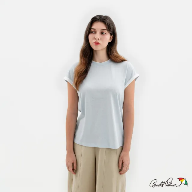 【Arnold Palmer 雨傘】女裝-撞色滾邊圓領短袖T-shirt(淺藍色)