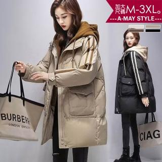 【Amay Style 艾美時尚】中大尺碼女裝 羽絨大衣 抗溫差 假兩件撞色設計保暖連帽外套。M-3XL(4色.預購)