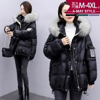 【Amay Style 艾美時尚】中大尺碼女裝 鋪棉外套 日韓時尚毛領亮面保暖棉連帽外套。M-4XL(3色.預購)