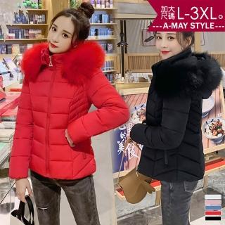 【Amay Style 艾美時尚】中大尺碼女裝 連帽外套 修身顯瘦仿羽絨保暖鋪棉毛領連帽大衣。L-3XL(5色.預購)