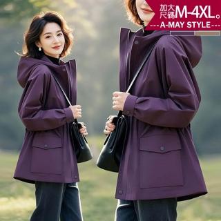【Amay Style 艾美時尚】中大尺碼女裝 風衣 簡約休閒感收腰顯瘦保暖連帽外套。M-4XL(2色.預購)