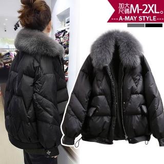 【Amay Style 艾美時尚】中大尺碼女裝 抗溫差 加厚毛領時髦仿羽絨保暖鋪棉外套。M-2XL(2色.預購)