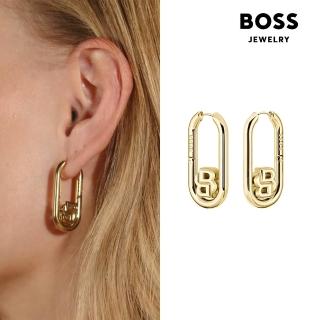 【BOSS】Double B Swing 不鏽鋼橢圓圈式耳環-金色 1580629
