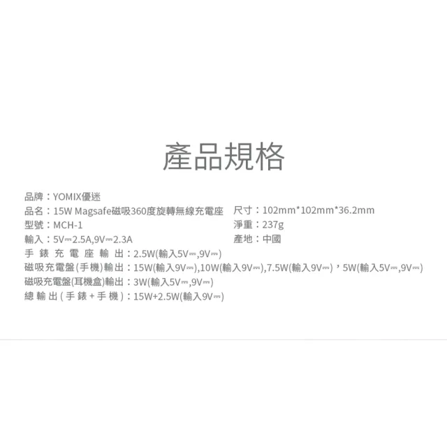 【YOMIX 優迷】15W Magsafe磁吸360度旋轉無線充電座(Apple watch/AirPods/iPhone 17/手機支架/充電器)