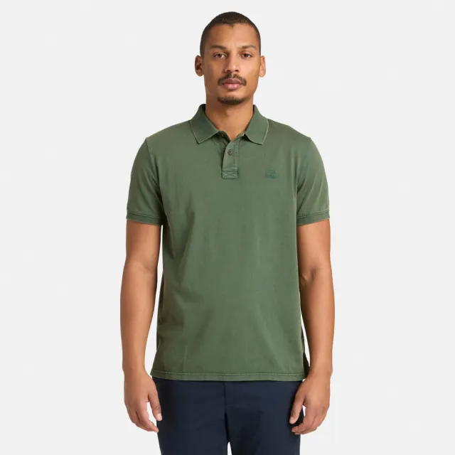 【Timberland】男款松綠色休閒短袖Polo衫(A6R29A6X)