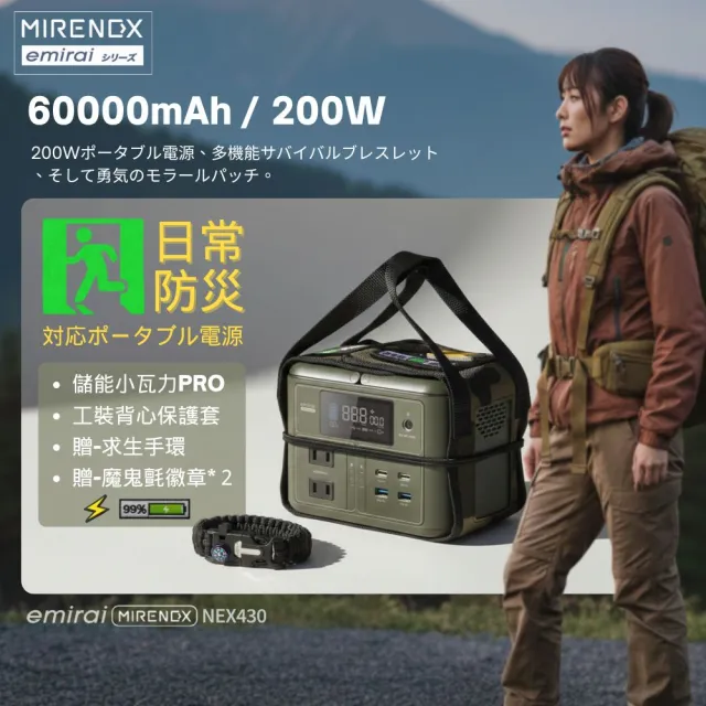 【emirai】小瓦力PRO＋背心保護套戰術組(200W手掌大儲能小電站｜防災露營)