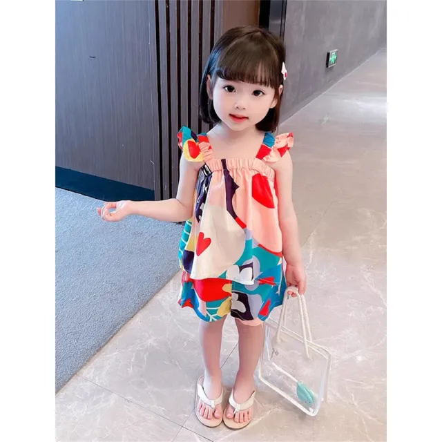 【安朵童舖】現貨韓版兒童多彩花朵吊帶套裝女寶女童背心上衣短褲彩色花朵背心套裝(05)