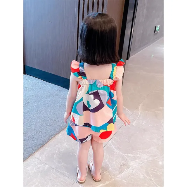 【安朵童舖】現貨韓版兒童多彩花朵吊帶套裝女寶女童背心上衣短褲彩色花朵背心套裝(05)