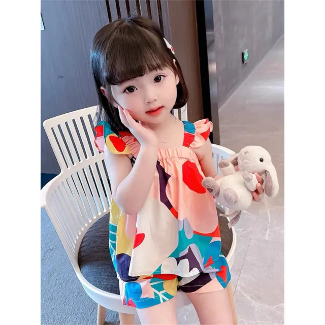 【安朵童舖】現貨韓版兒童多彩花朵吊帶套裝女寶女童背心上衣短褲彩色花朵背心套裝(05)