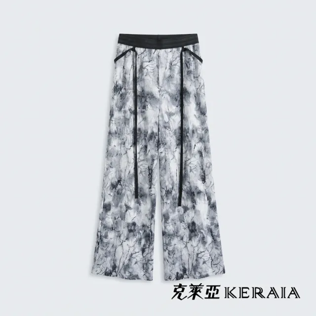 【KERAIA 克萊亞】魅力價-墨染雲霧蕾絲壓皺亮片寬褲(附腰帶)