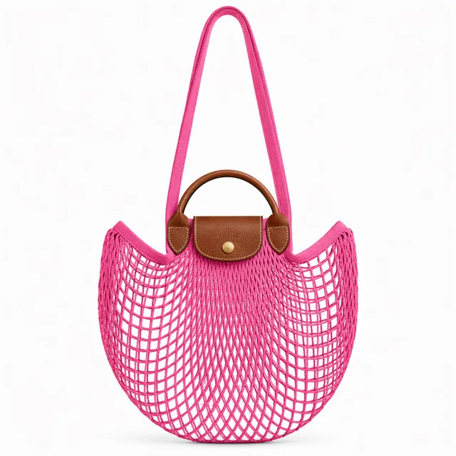 【LONGCHAMP】LE PLIAGE FILET系列網狀棉質手提/肩背兩用包(大/糖果粉)