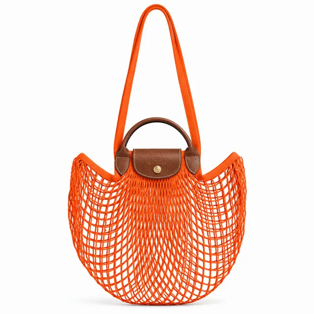 【LONGCHAMP】LE PLIAGE FILET系列網狀棉質手提/肩背兩用包(大/柳橙)